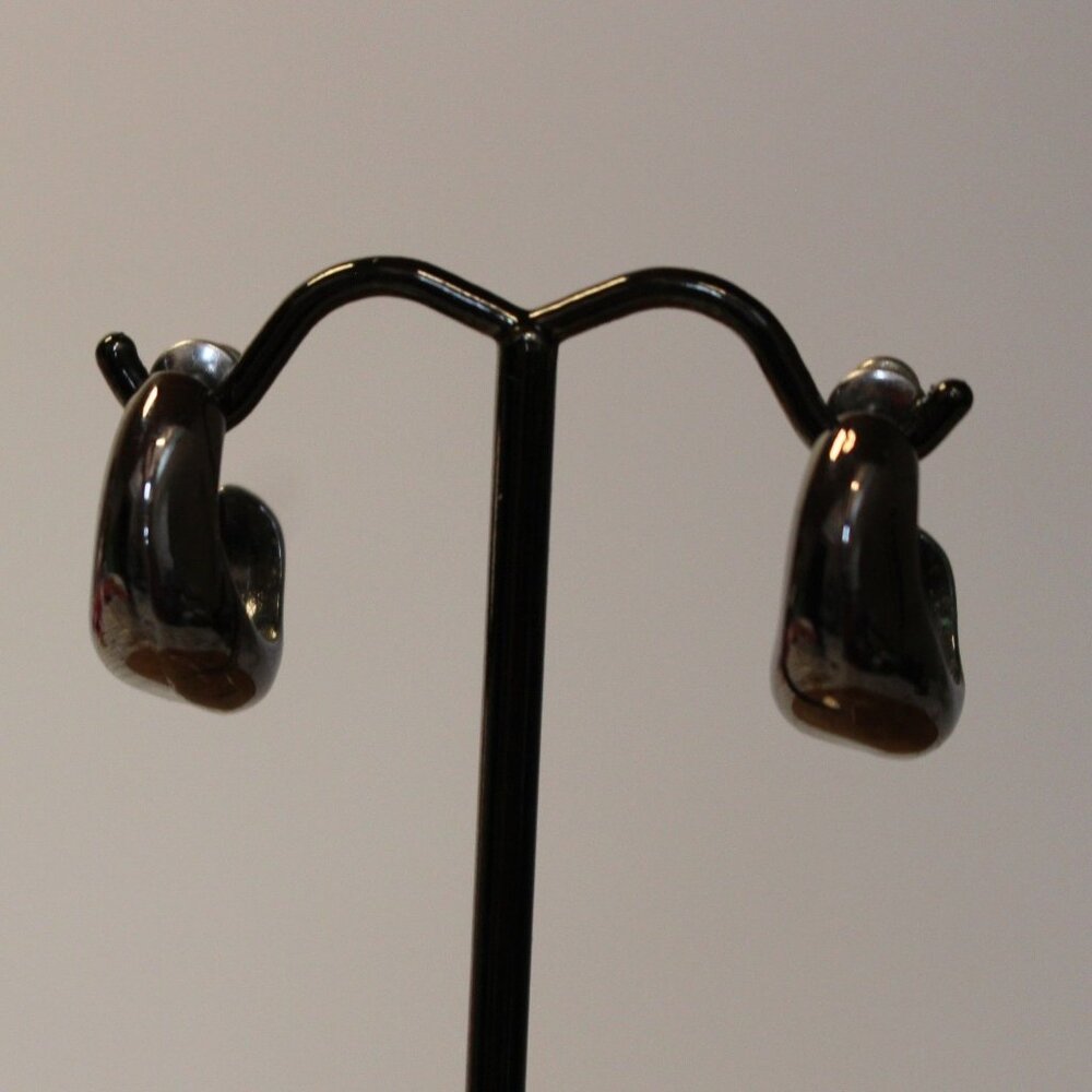 Black Glossy Resin Hoop Huggy Earrings With Stud Backings Approx .75"